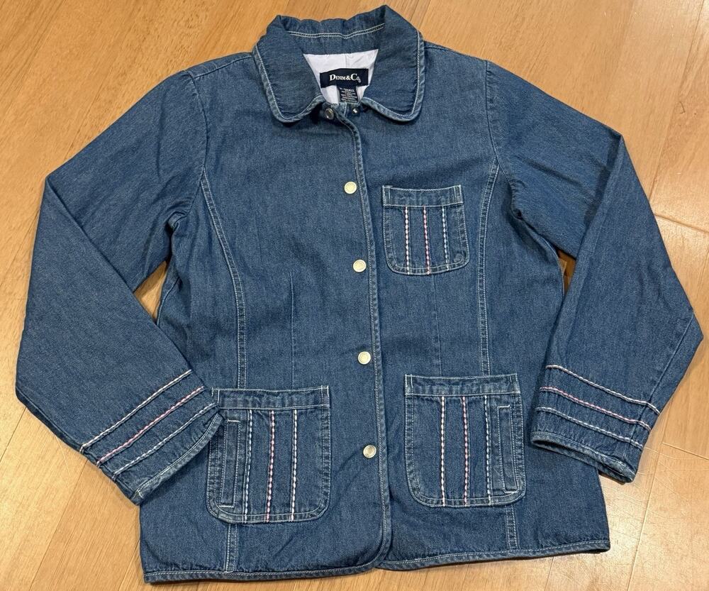 Womens VTG Denim & Co. Denim Blazer Jacket Blue Jean Artsy Stitching Boho XS EUC